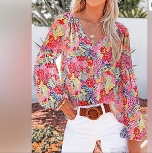 Casual Boho Floral Print V Neck Long Lanten Sleeve Blouse M (8-10)